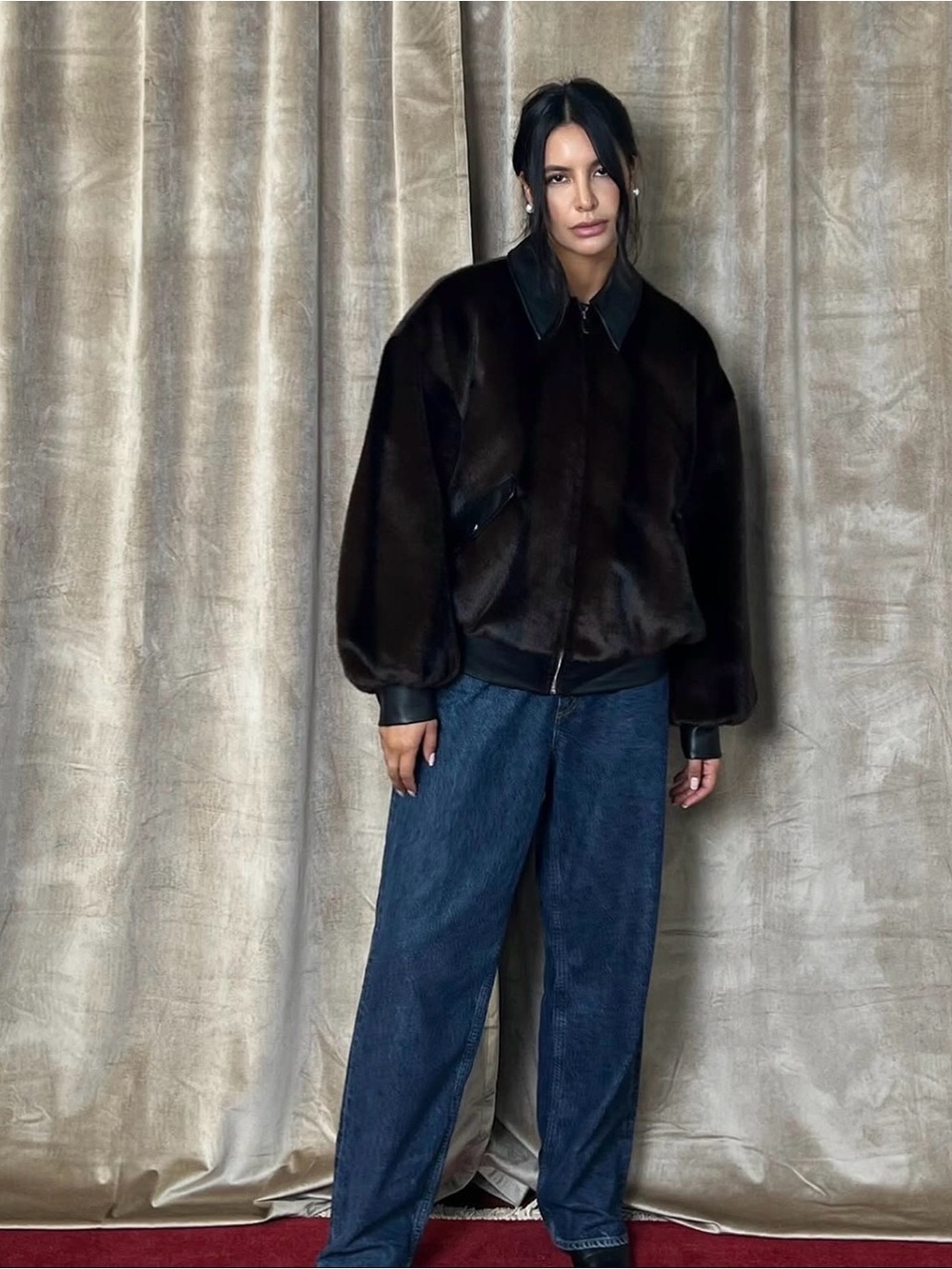WeWoreWhat Black Faux Leather and Dark Brown Faux Fur Jacket